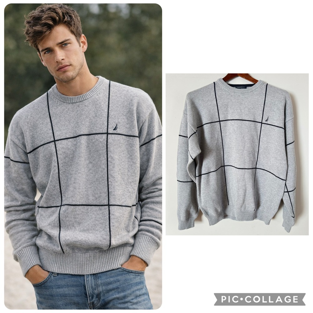 Vintage 90’s Nautica Men’s Crewneck Knit Sweater Windowpane Size M Preppy